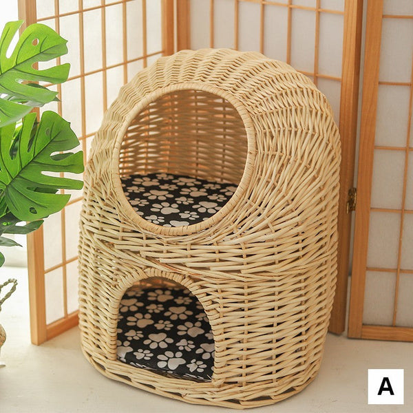 Large Double-Layer Cat Bed, Wicker Cat House Basket with Washable Cushion for Indoor Cats and Dogs-artworkcanvas