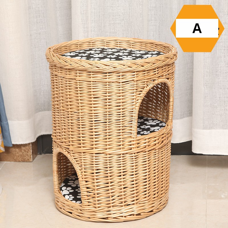 Large Cat House Basket with Washable Cushion for Indoor Cats and Dogs, Triple-Layer Cat Bed
