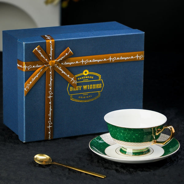 Porcelain Tea Cup and Saucer Set, British Ceramic Tea Cup and Saucer Set, Elegant Green Coffee Cups, British Royal Tea Cup and Saucer Set in Gift Box-artworkcanvas