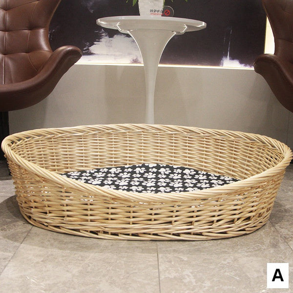 Natural Wicker Dog Bed with Washable Cushion for Indoor Cats and Dogs, Hand woven Rattan Cat Beds-artworkcanvas