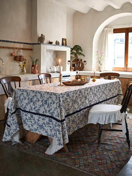 Extra Large Vintage Rectangle Tablecloth for Dining Room Table, Rustic Farmhouse Table Cover for Kitchen, French Flower Pattern Tablecloth for Round Table-artworkcanvas