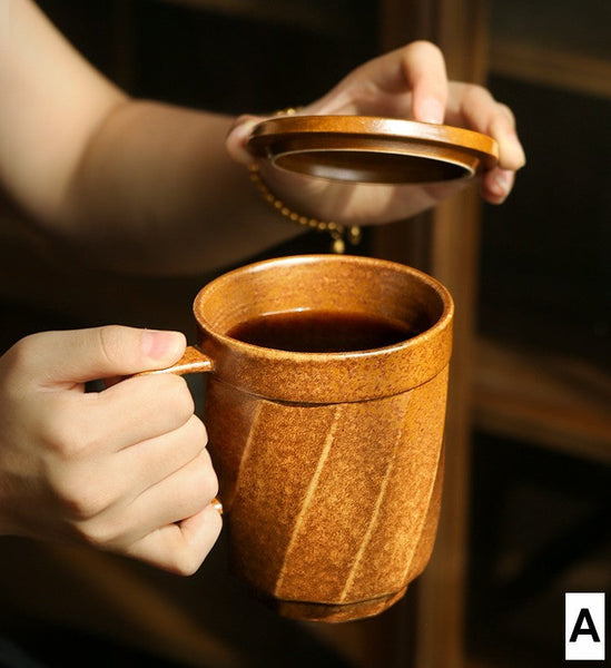 Unique Tea Cup, Large Capacity Coffee Mug with Cover, Large Modern Handmade Pottery Coffee Cup, Creative Brown Green Blue Black Ceramic Coffee Mugs-artworkcanvas