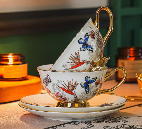 Ceramic Coffee Cups in Gift Box, Butterfly Pattern Porcelain Tea Cup and Saucer Set, British Traditional Afternoon Tea Cup and Saucer Set-artworkcanvas