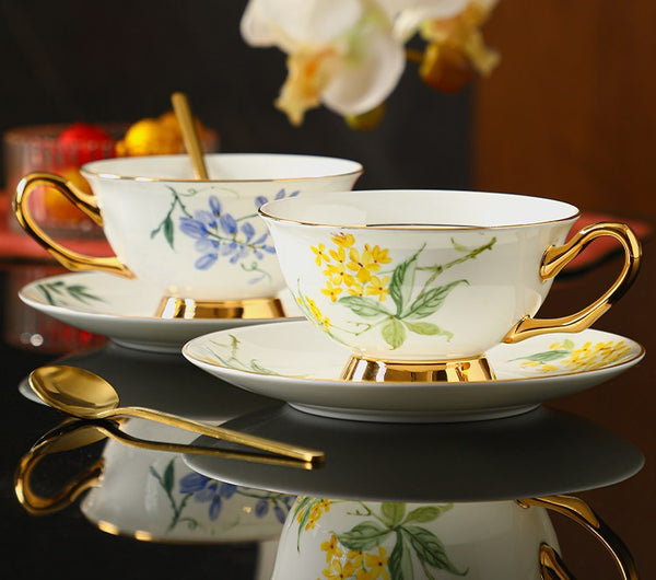 Porcelain Tea Cup Saucer Set, Unique Tea Cup and Saucer in Gift Box, 7.4 oz Floral Ceramic Coffee Cup with Saucer, Beautiful British Tea Cup and Saucer-artworkcanvas