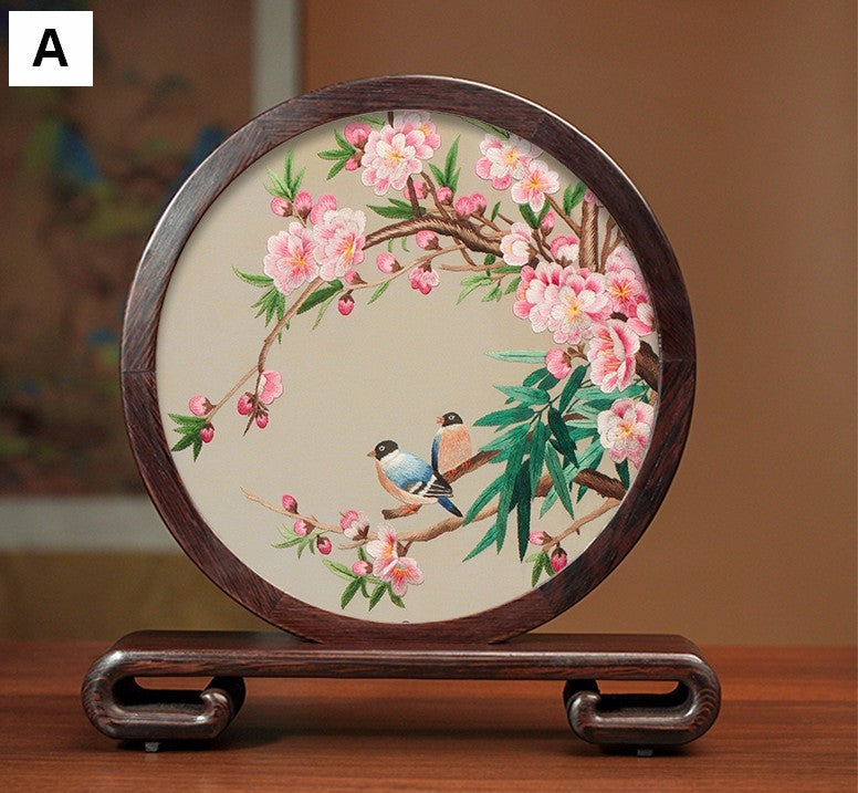 Flower and Bird Embroidery Ornaments, Unique Birthday Gift, Traditional Chinese Suzhou Silk Embroidered Ornament, Premium Souvenir, Exclusive Business Presents-artworkcanvas
