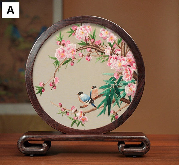 Flower and Bird Embroidery Ornaments, Unique Birthday Gift, Traditional Chinese Suzhou Silk Embroidered Ornament, Premium Souvenir, Exclusive Business Presents-artworkcanvas