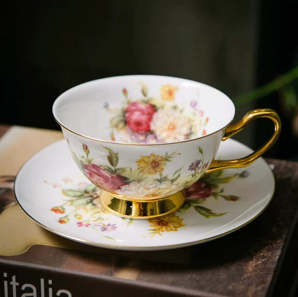 Elegant Rose Flower Ceramic Cups, Unique Royal Coffee Cup and Saucer, Creative Porcelain Tea Cup Saucer Set, Beautiful British Tea Cups-artworkcanvas