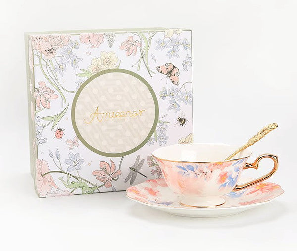 Flower Porcelain Tea Cup Saucer Set, Unique Tea Cup and Saucer in Gift Box,British Royal Ceramic Cups for Traditional Afternoon Tea, Elegant Ceramic Coffee Cups-artworkcanvas