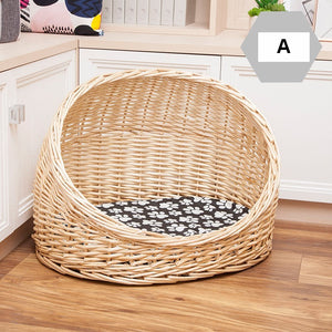 Natural Wicker Cat House Basket with Washable Cushion for Indoor Cats and Dogs, Hand woven Rattan Cat Bed-artworkcanvas