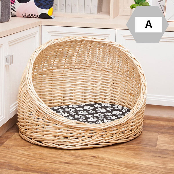 Natural Wicker Cat House Basket with Washable Cushion for Indoor Cats and Dogs, Hand woven Rattan Cat Bed-artworkcanvas