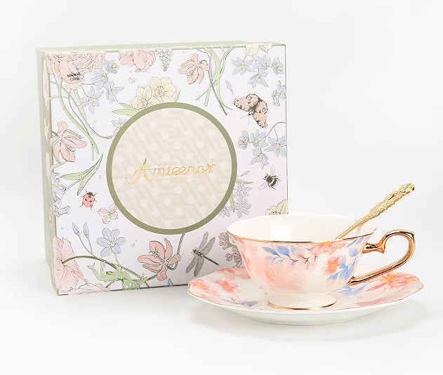 Flower Bone China Porcelain Tea Cup Set, Unique Tea Cup and Saucer in Gift Box,British Royal Ceramic Cups for Afternoon Tea, Elegant Ceramic Coffee Cups