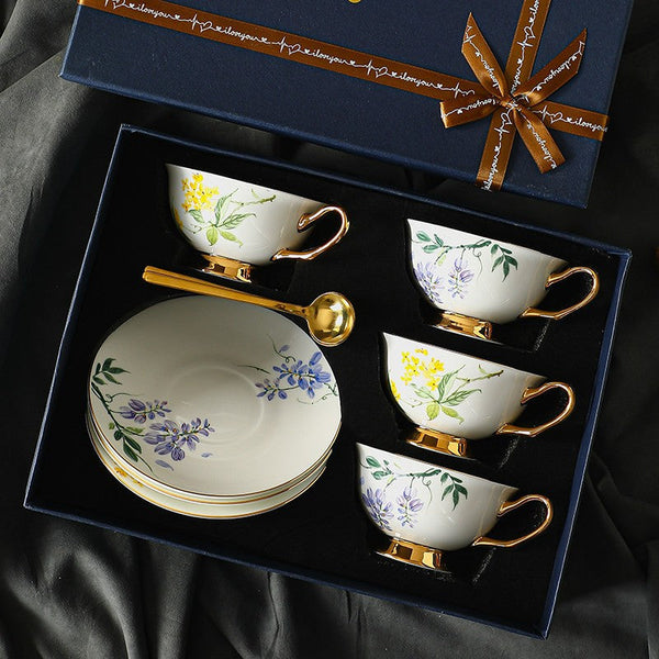 Porcelain Tea Cup Saucer Set, Unique Tea Cup and Saucer in Gift Box, 7.4 oz Floral Ceramic Coffee Cup with Saucer, Beautiful British Tea Cup and Saucer-artworkcanvas