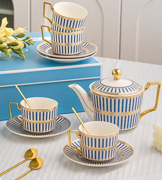 Traditional Afternoon Tea, Modern Coffee Cup with Saucer, 7.4 oz Ceramic Tea Cup and Saucer Set of 4 cups with Teapot, 7.4 oz Porcelain Tea Cup and Saucer Set, British Tea Cup Set-artworkcanvas