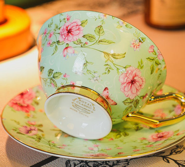 Afternoon British Tea Cup with Saucer, Floral Porcelain Tea Cup and Saucer Set, Traditional English Tea Cup and Saucer Set, Ceramic Coffee Cup with Saucer-artworkcanvas