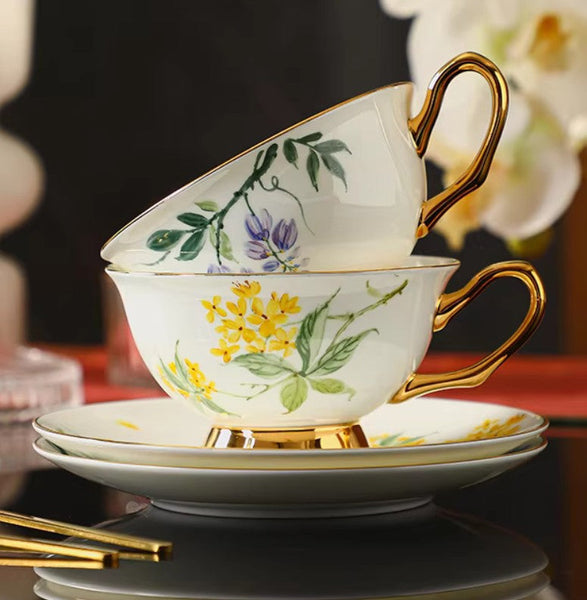 Porcelain Tea Cup Saucer Set, Unique Tea Cup and Saucer in Gift Box, 7.4 oz Floral Ceramic Coffee Cup with Saucer, Beautiful British Tea Cup and Saucer-artworkcanvas