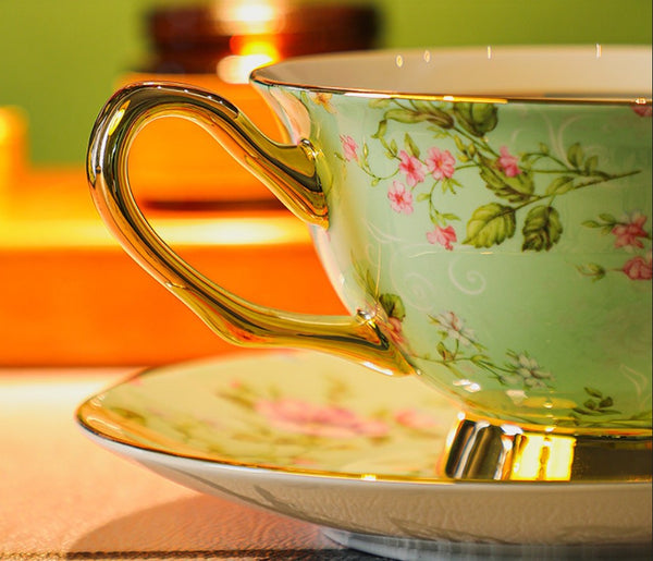 Afternoon British Tea Cup with Saucer, Floral Porcelain Tea Cup and Saucer Set, Traditional English Tea Cup and Saucer Set, Ceramic Coffee Cup with Saucer-artworkcanvas