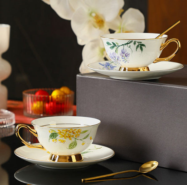Porcelain Tea Cup Saucer Set, Unique Tea Cup and Saucer in Gift Box, 7.4 oz Floral Ceramic Coffee Cup with Saucer, Beautiful British Tea Cup and Saucer-artworkcanvas