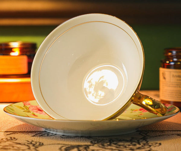 Afternoon British Tea Cup with Saucer, Floral Porcelain Tea Cup and Saucer Set, Traditional English Tea Cup and Saucer Set, Ceramic Coffee Cup with Saucer-artworkcanvas
