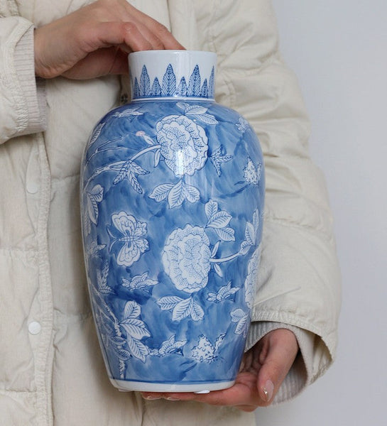 Centerpiece Ceramic Bouquet Vases, Handmade Modern Flower Vase, Large Flower Vases on Dining Table, Blue Porcelain Flower Vases-artworkcanvas