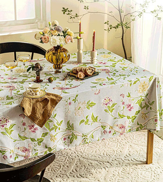 Singing Bird Tablecloth for Round Table, Kitchen Table Cover, Flower Table Cover for Dining Room Table, Modern Rectangle Tablecloth Ideas for Oval Table-artworkcanvas