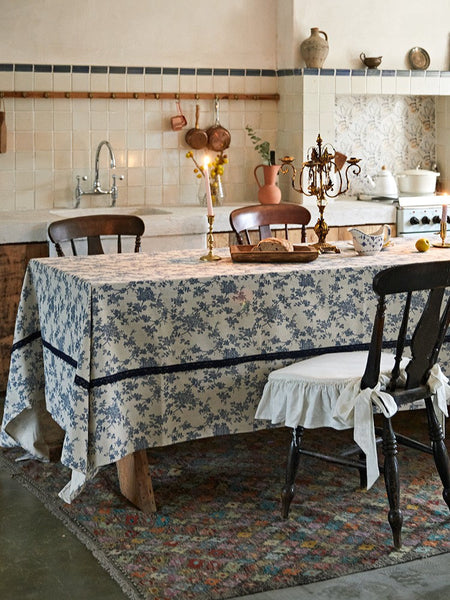 Extra Large Vintage Rectangle Tablecloth for Dining Room Table, Rustic Farmhouse Table Cover for Kitchen, French Flower Pattern Tablecloth for Round Table-artworkcanvas