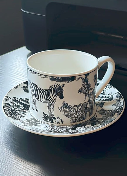 Royal Ceramic Cups, Elegant Ceramic Coffee Cups, 6.8 oz Tea Cup and Saucer in Gift Box, Zebra Jungle Porcelain Tea Cup Saucer Set-artworkcanvas