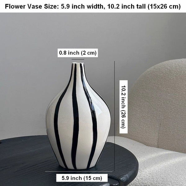 Water Holding Flower Vases, Black and White Striped Ceramic Vase, Porcelain Flower Vases, Modern Flower Vases on Table-artworkcanvas