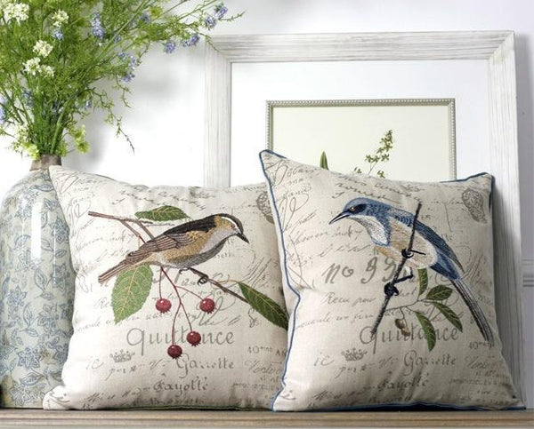 Rustic Sofa Throw Pillows, Decorative Throw Pillows for Couch, Bird Embroidery Pillows, Cotton and Linen Pillow Cover-artworkcanvas