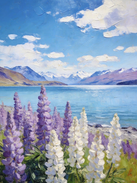 Lupines in Full Bloom by the Lake, Hand Painted Canvas Art, Small Oil Paintings, Original Canvas Paintings, Landscape Paintings for Bedroom, Buy Paintings Online-artworkcanvas