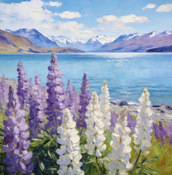 Lupines in Full Bloom by the Lake, Hand Painted Canvas Art, Small Oil Paintings, Original Canvas Paintings, Landscape Paintings for Bedroom, Buy Paintings Online-artworkcanvas