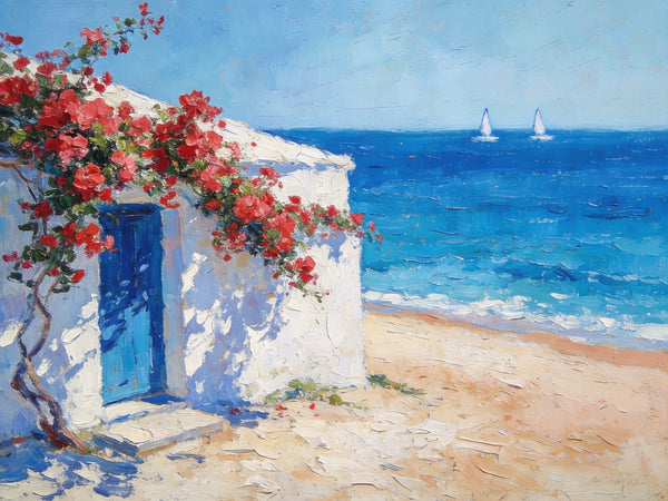 Bougainvillea by the Turquoise Shore, Original Small Paintings, Seashore Beach Painting, Hand Painted Canvas Art, Small Canvas Wall Art