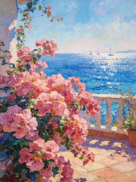 Original Landscape Paintings, Terrace Blooms and Distant Sails, Small Canvas Wall Art Paintings, Original Oil Paintings
