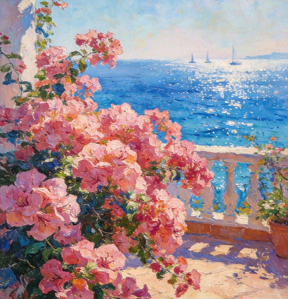 Original Landscape Paintings, Terrace Blooms and Distant Sails, Small Canvas Wall Art Paintings, Original Oil Paintings