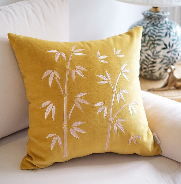 Large Decorative Pillows for Couch, Modern Throw Pillows for Bedroom, Living Room Decorative Pillows, Yellow Embroidered Bamboo Cushion, Decorative Pillow Arrangement Ideas for Couch-artworkcanvas