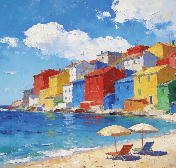 Small Landscape Paintings on Canvas, Coastal Town Charming Landscape, Landscape Canvas Paintings, Hand Painted Canvas Art, Heavy Texture Oil Paintings, Original Oil Paintings-artworkcanvas