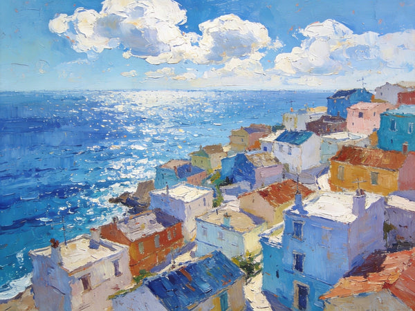 Original Landscape Paintings, Coastal Town Charm, Seashore Paintings, Hand Painted Canvas Art, Small Oil Paintings, Canvas Paintings for Living Room, Buy Paintings Online-artworkcanvas
