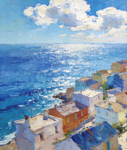 Original Landscape Paintings, Coastal Town Charm, Seashore Paintings, Hand Painted Canvas Art, Small Oil Paintings, Canvas Paintings for Living Room, Buy Paintings Online-artworkcanvas