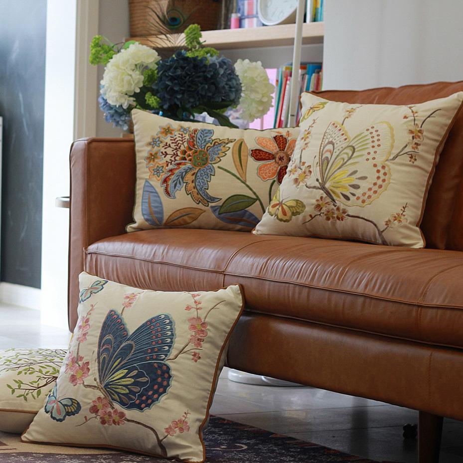 Embroidered Butterfly Cotton Linen Pillow Cover For Sofa Couch Decorative Home Nature Garden