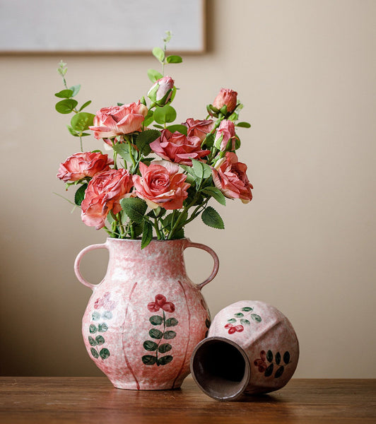 Handmade Water Holding Flower Vases, Rustic Pottery Flower Vases, Small Flower Vases on Table, Pink Bud Vases-artworkcanvas
