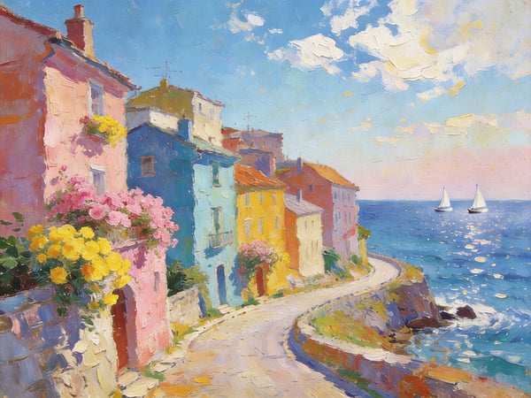 Original Landscape Paintings, Coastal Town Tranquility, Summer Resort Paintings, Hand Painted Canvas Art, Heavy Texture Artwork, Small Oil Paintings, Buy Painting Online-artworkcanvas