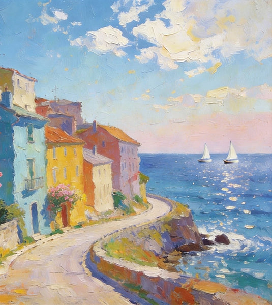 Original Landscape Paintings, Coastal Town Tranquility, Summer Resort Paintings, Hand Painted Canvas Art, Heavy Texture Artwork, Small Oil Paintings, Buy Painting Online-artworkcanvas