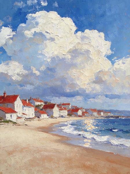 Landscape Oil Paintings, Sandy Seaside Village, Canvas Paintings for Living Room, Small Original Paintings, Hand Painted Canvas Art-artworkcanvas