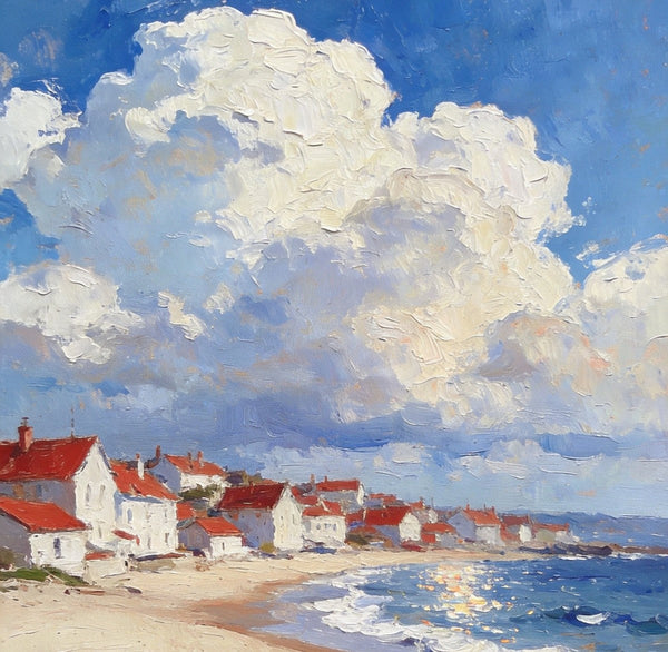 Landscape Oil Paintings, Sandy Seaside Village, Canvas Paintings for Living Room, Small Original Paintings, Hand Painted Canvas Art-artworkcanvas
