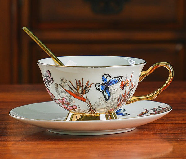 Ceramic Coffee Cups in Gift Box, Butterfly Pattern Porcelain Tea Cup and Saucer Set, British Traditional Afternoon Tea Cup and Saucer Set-artworkcanvas