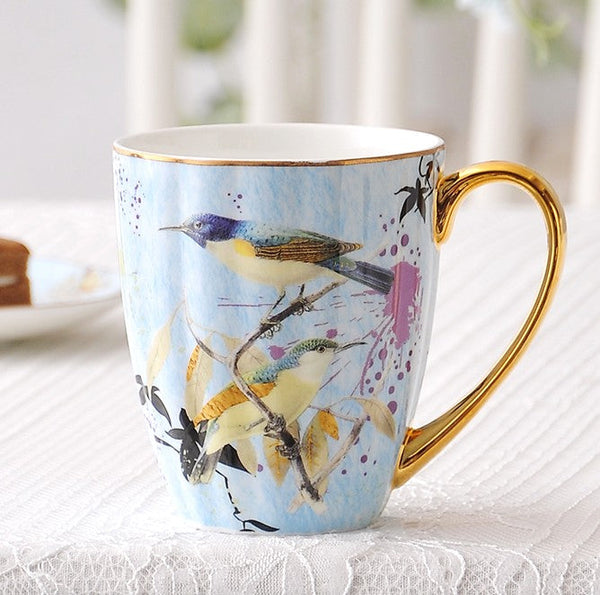 Large Creative Porcelain Mug, Elegant Blue Ceramic Coffee Mug, Beautiful Bird Flower Ceramic Mug, Large Capacity Ceramic Mugs for Office-artworkcanvas
