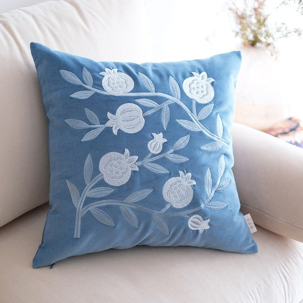 Living Room Decorative Pillows, Blue Embroidered Pomegranate Cushion, Large Decorative Pillows for Couch, Modern Throw Pillows for Bedroom, Decorative Pillow Arrangement Ideas for Couch-artworkcanvas