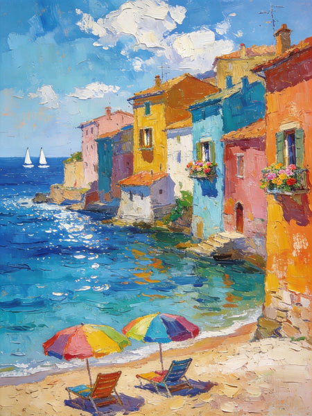 Buy Original Paintings, Seashore Town Harmony, Summer Resort, Original Landscape Art, Hand Painted Canvas Art, Small Paintings On Canvas, Heavy Texture Wall Art Paintings-artworkcanvas