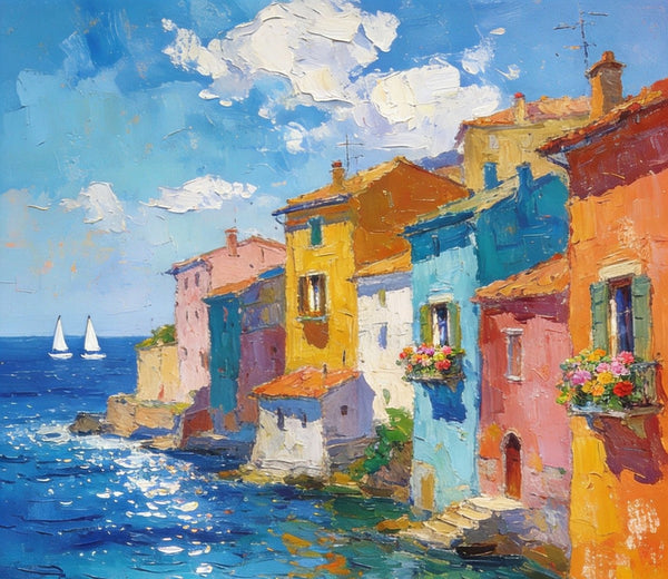 Buy Original Paintings, Seashore Town Harmony, Summer Resort, Original Landscape Art, Hand Painted Canvas Art, Small Paintings On Canvas, Heavy Texture Wall Art Paintings-artworkcanvas