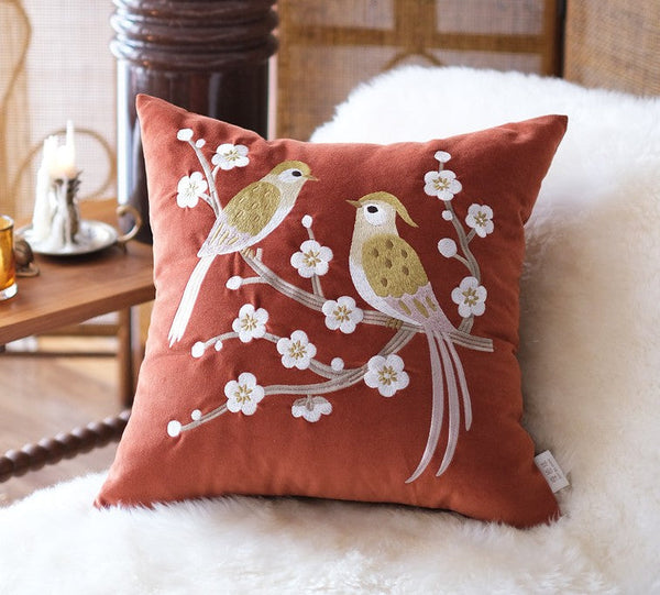 Modern Throw Pillows for Bedroom, Decorative Pillows for Couch, Vintage Decorative Pillows, Embroidered Birds Cushion, Decorative Pillow Arrangement Ideas for Couch-artworkcanvas