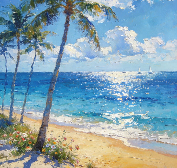 Heavy Texture Wall Art Paintings, Tropical Coastal Bliss, Beach Palm Tree Paintings, Hand Painted Canvas Art, Buy Paintings Online, Original Landscape Art, Small Paintings On Canvas-artworkcanvas